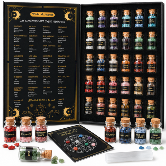 30 Bottle Crystal Healing Set with Flower of Life Grid & Selenite Wand