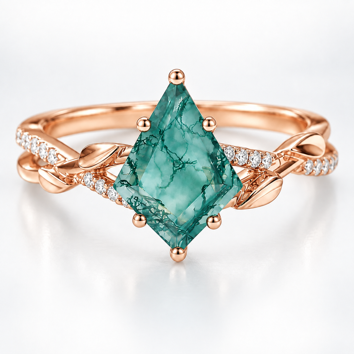 Natural Moss Agate Ring – Kite Cut Nature Inspired Boho Engagement Ring