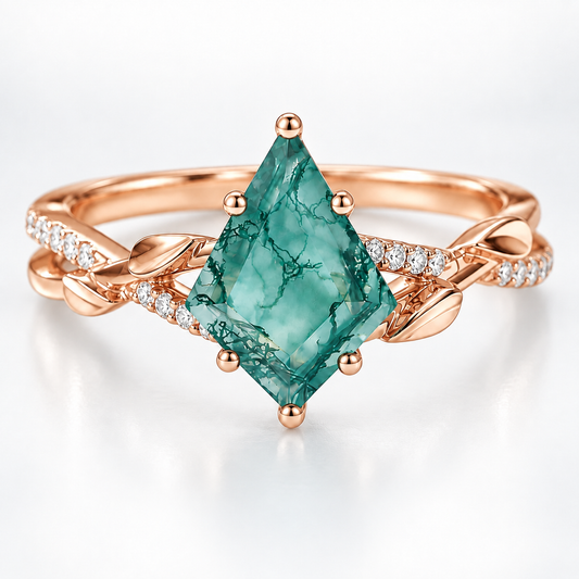 Natural Moss Agate Ring – Kite Cut Nature Inspired Boho Engagement Ring