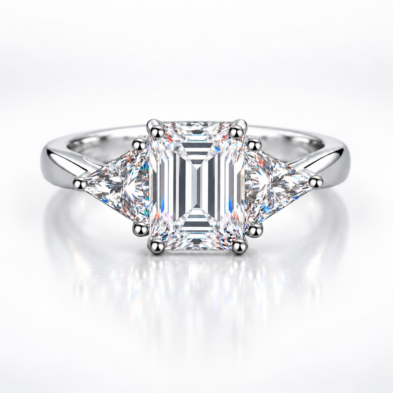 3ct Emerald & Trillion Cut Moissanite Trilogy Engagement Ring