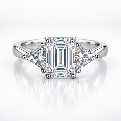 3ct Emerald & Trillion Cut Moissanite Trilogy Engagement Ring
