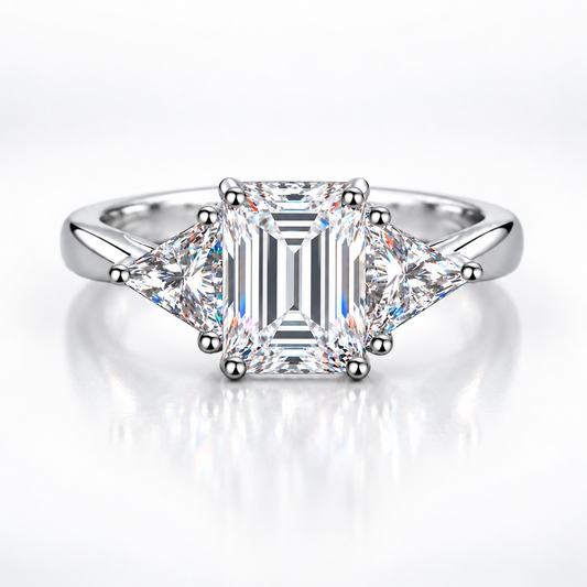 3ct Emerald & Trillion Cut Moissanite Trilogy Engagement Ring