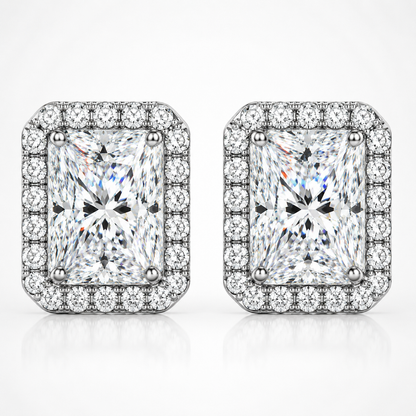 Radiant Cut Halo Moissanite Stud Earrings