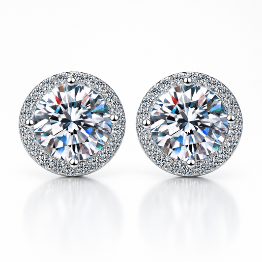 Round Brilliant Cut Moissanite Halo Stud Earrings
