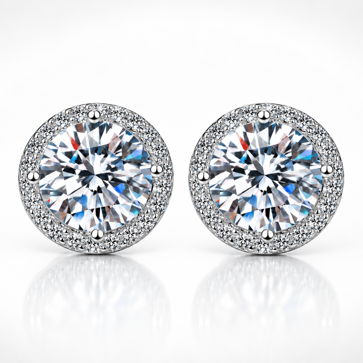 Gold round halo moissanite stud earrings shown front-on against a white background