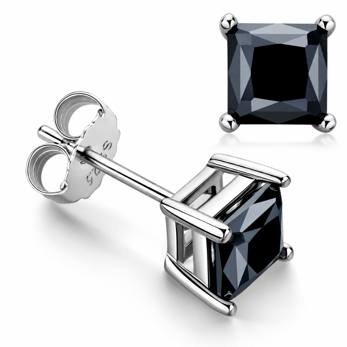 Silver princess cut black moissanite stud earrings shown front and side on a white background