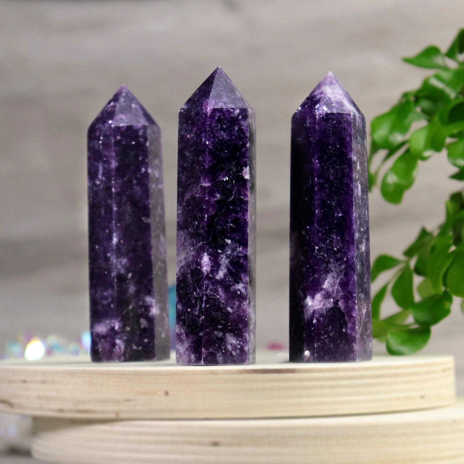Three polished Lepidolite crystal towers standing on a round wooden platform, showcasing deep purple hues and white marbling for calming energy and chakra healing.