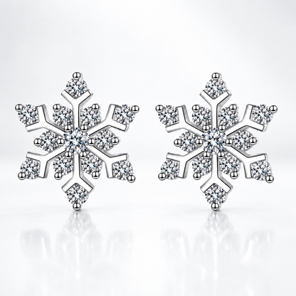 Silver snowflake moissanite stud earrings on a white background