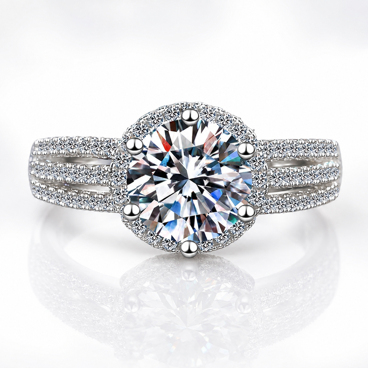 Anillo con halo de tres bandas de moissanita de talla brillante redonda 