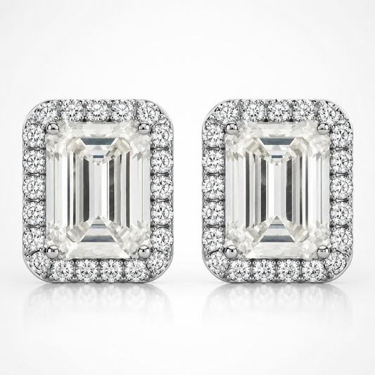 Emerald Cut Halo Moissanite Stud Earrings