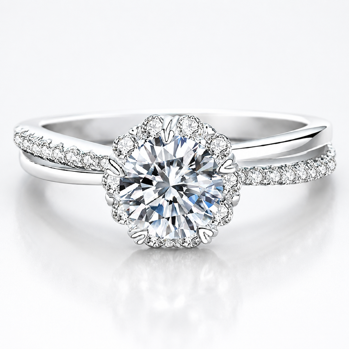 Anillo con halo de banda dividida de moissanita de talla brillante redonda 