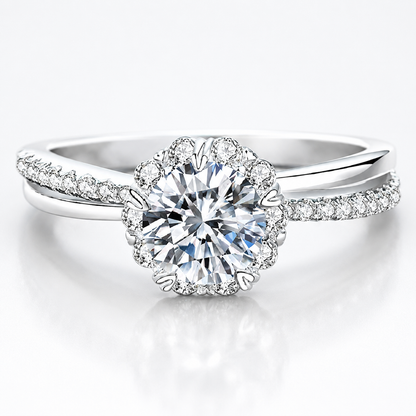 Anillo con halo de banda dividida de moissanita de talla brillante redonda 