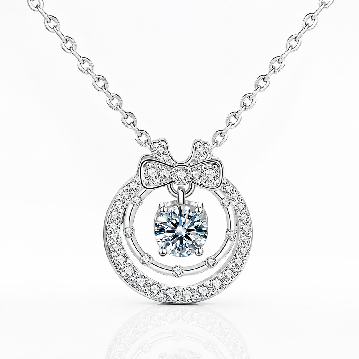 Colar com pingente de laço duplo de círculo duplo de Moissanite ornamentado 