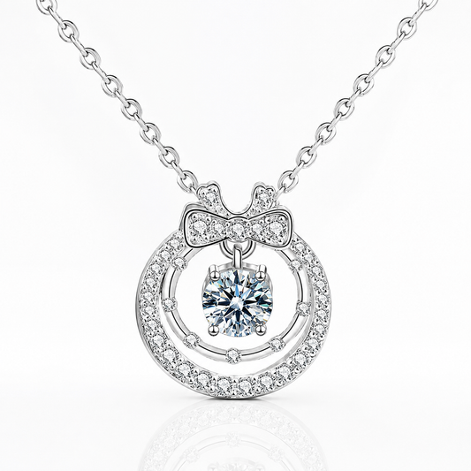 Colar com pingente de laço duplo de círculo duplo de Moissanite ornamentado 