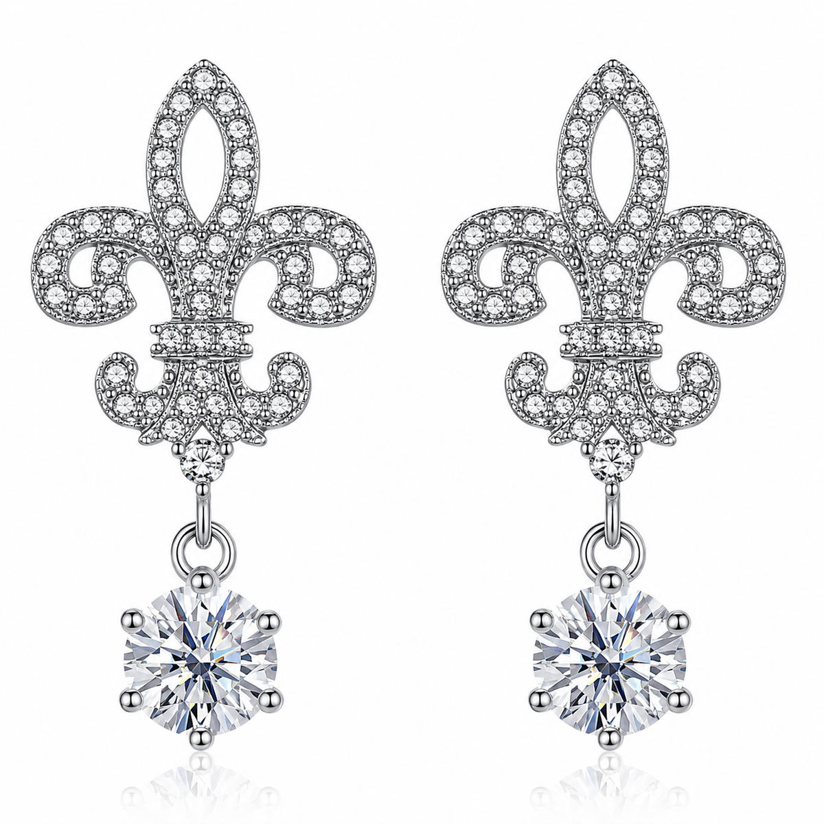 Silver fleur de lis colourless moissanite drop earrings shown front-on against a white background