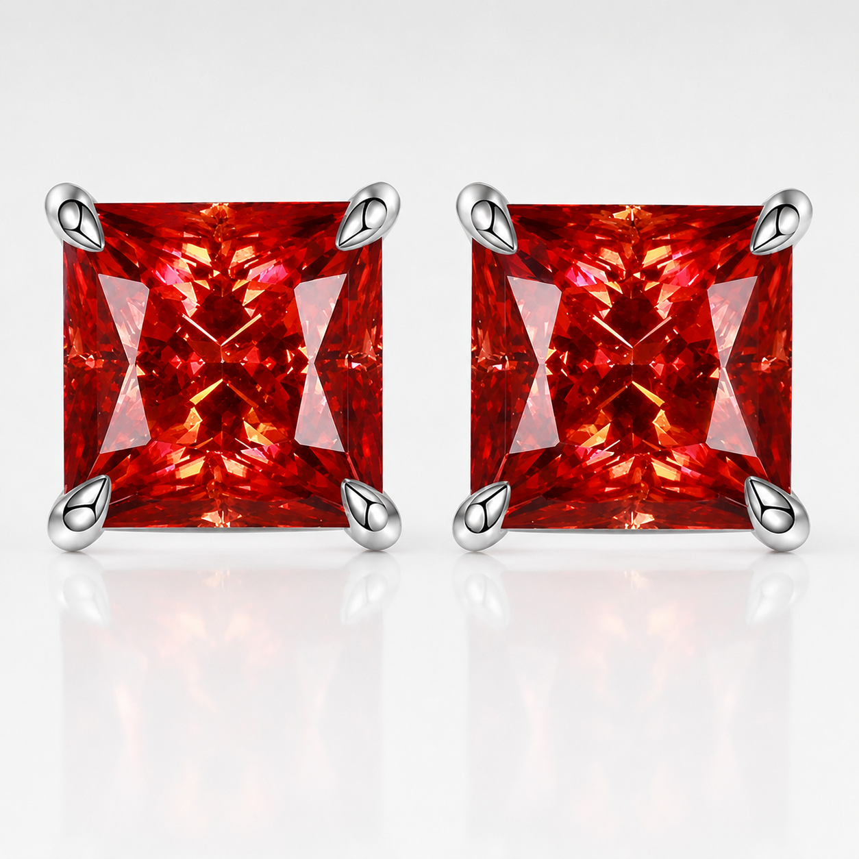 Brincos de moissanite vermelho com corte princesa 