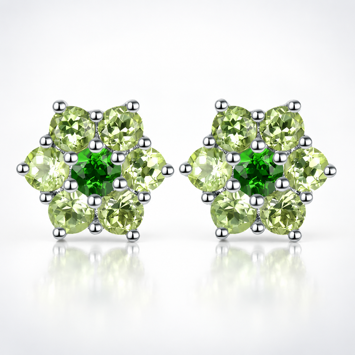 Natural Peridot & Chrome Diopside Floral Cluster Stud Earrings