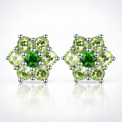 Natural Peridot & Chrome Diopside Floral Cluster Stud Earrings