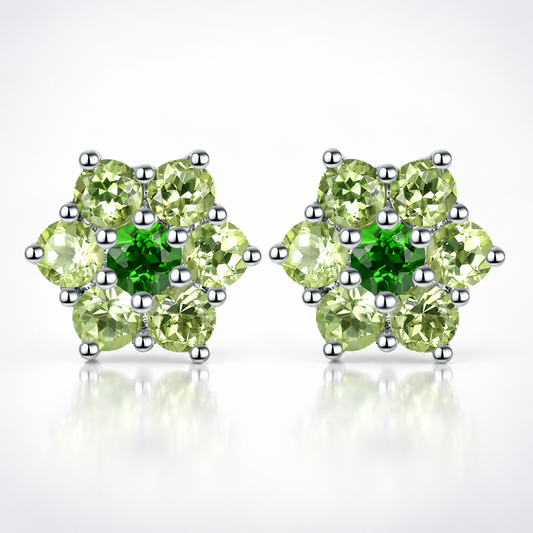 Natural Peridot & Chrome Diopside Floral Cluster Stud Earrings