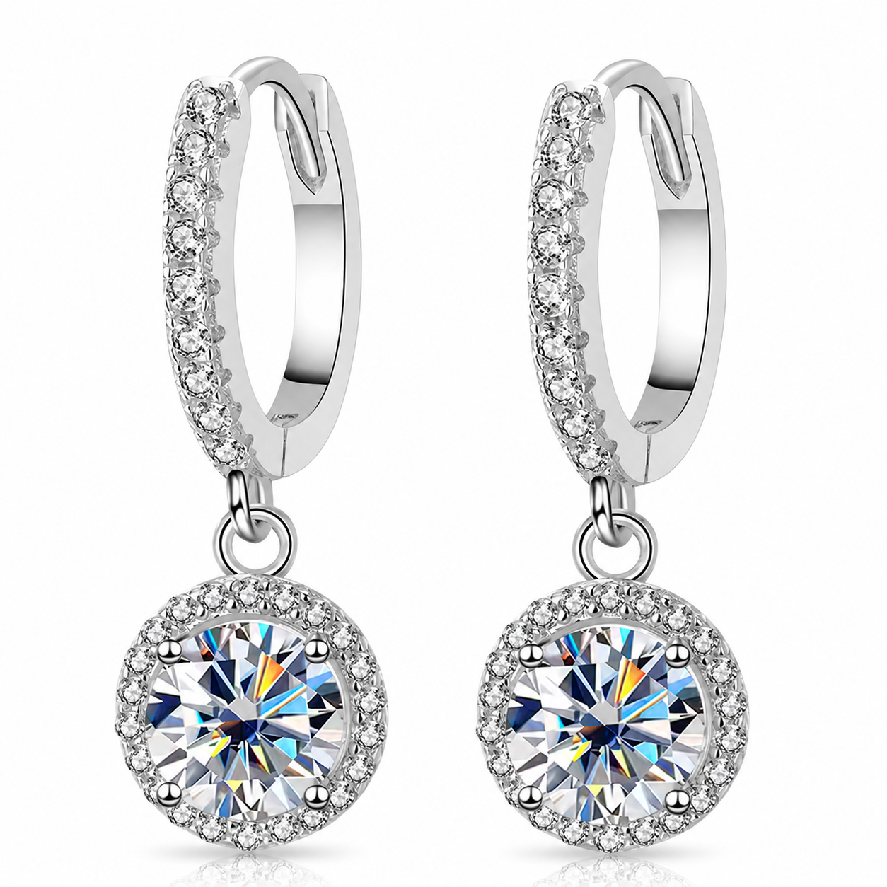 Halo Moissanite Hoop Drop Earrings – 1.0ct Round Brilliant Earrings