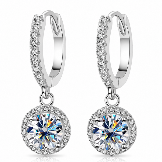 Halo Moissanite Hoop Drop Earrings – 1.0ct Round Brilliant Earrings