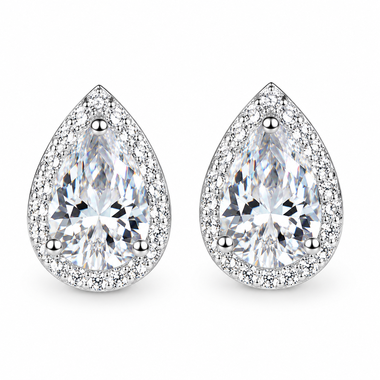 Pear Cut Moissanite Halo Stud Earrings