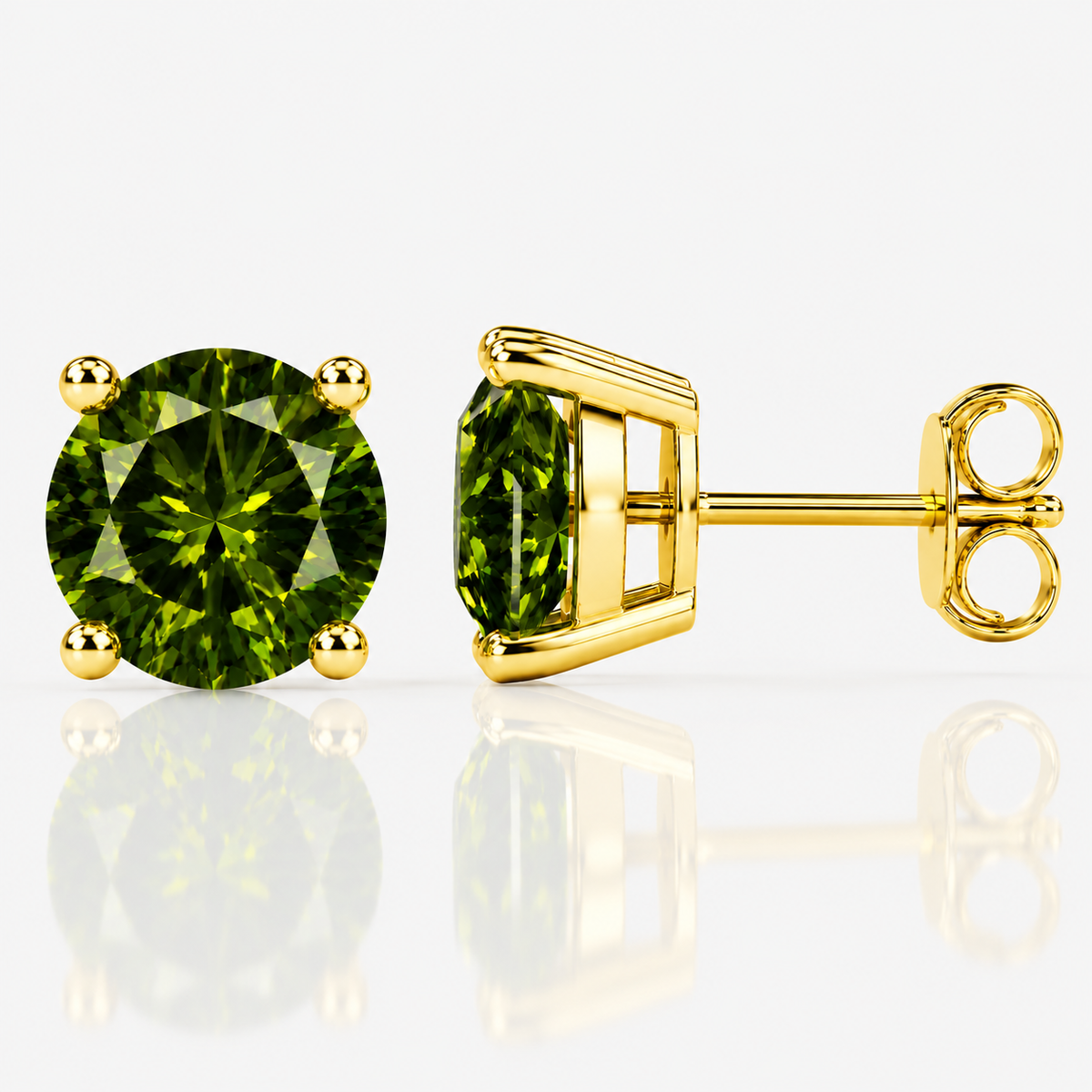 Gold four-prong dark green moissanite stud earrings shown front and side on a white background