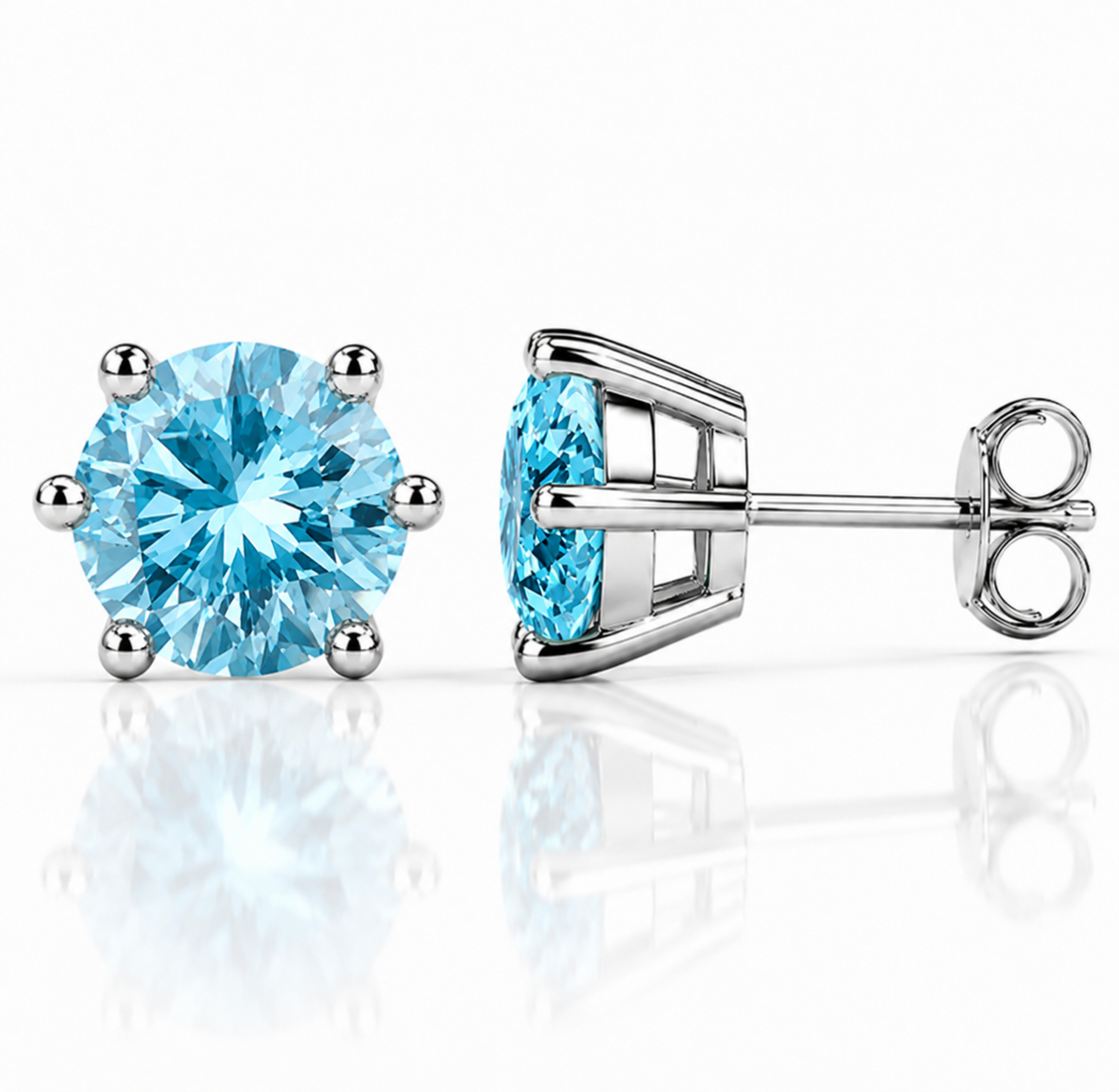 White gold six-prong light yellow moissanite stud earrings shown front and side on a white background