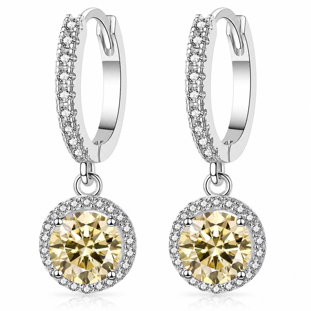 Halo Moissanite Hoop Drop Earrings – 1.0ct Round Brilliant Earrings