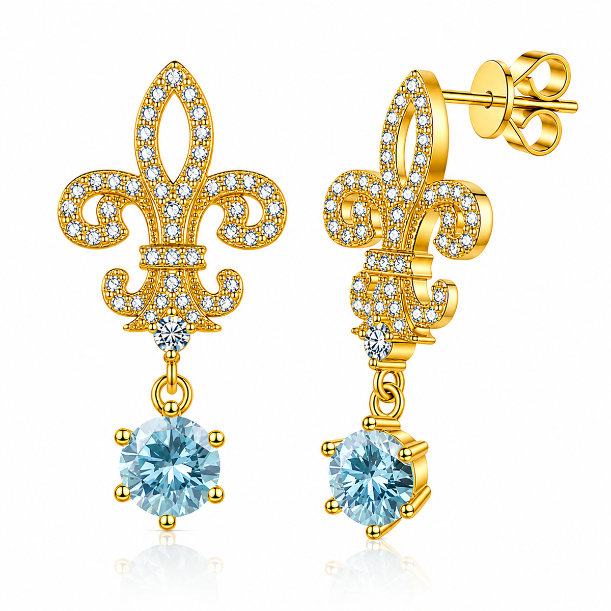 Gold fleur de lis drop earrings with light blue round moissanites shown front and side on a white background