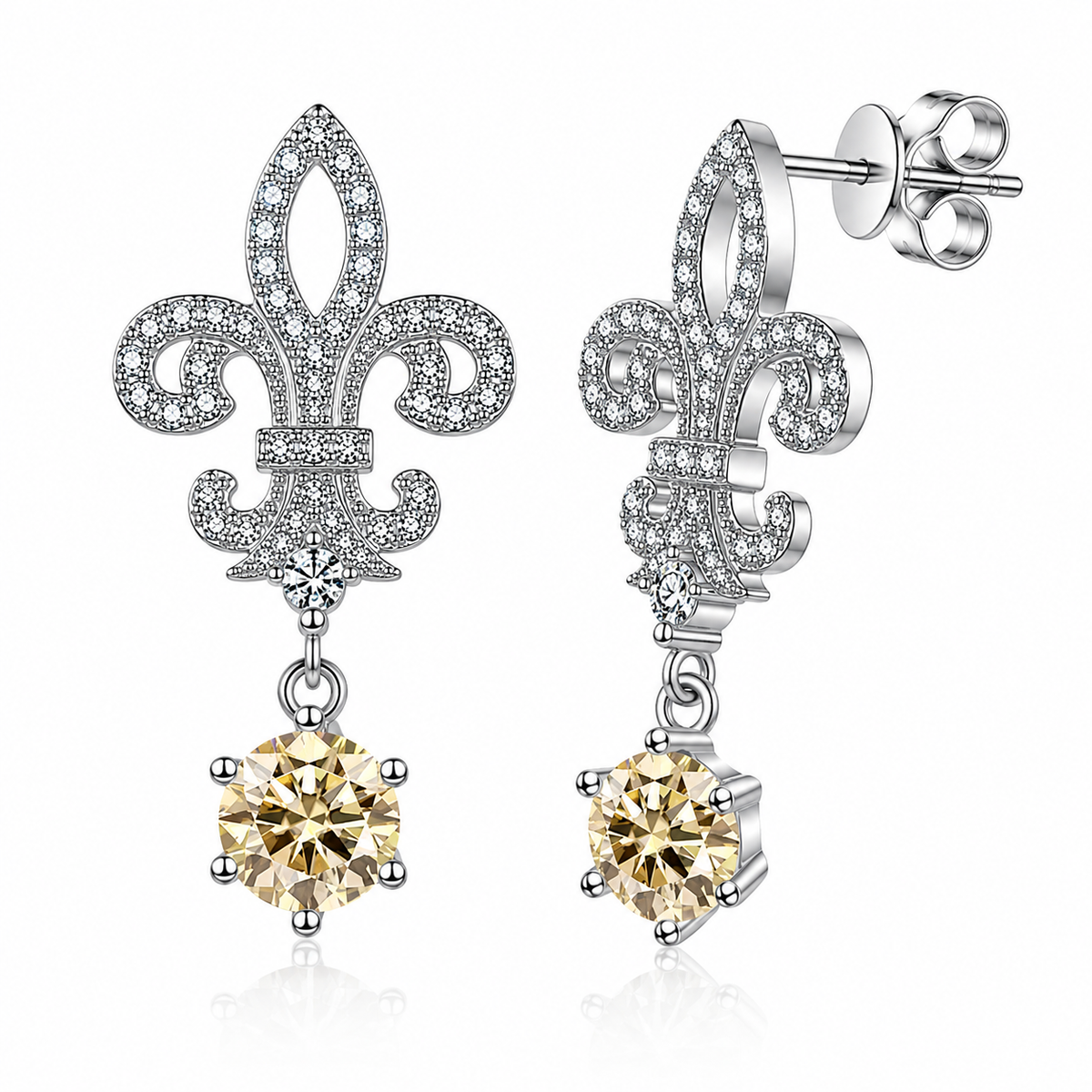Silver fleur de lis drop earrings with pale yellow round moissanites shown front and side on a white background