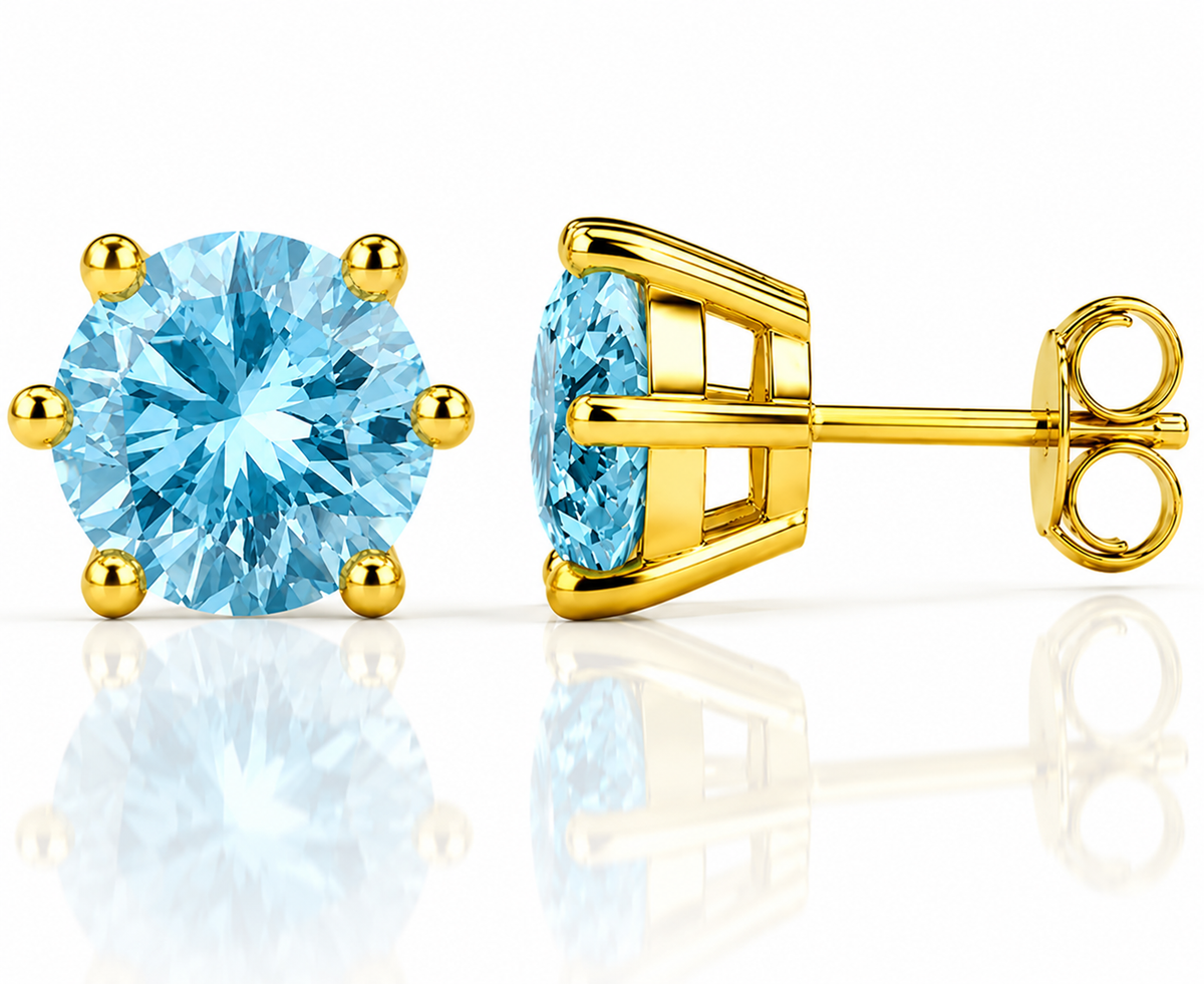 Yellow gold six-prong vivid yellow moissanite stud earrings shown front and side on a white background