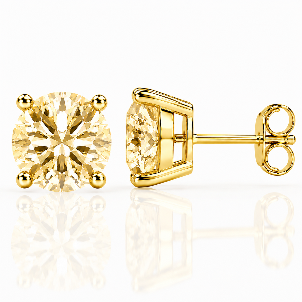 Gold four-prong light yellow moissanite stud earrings shown front and side on a white background
