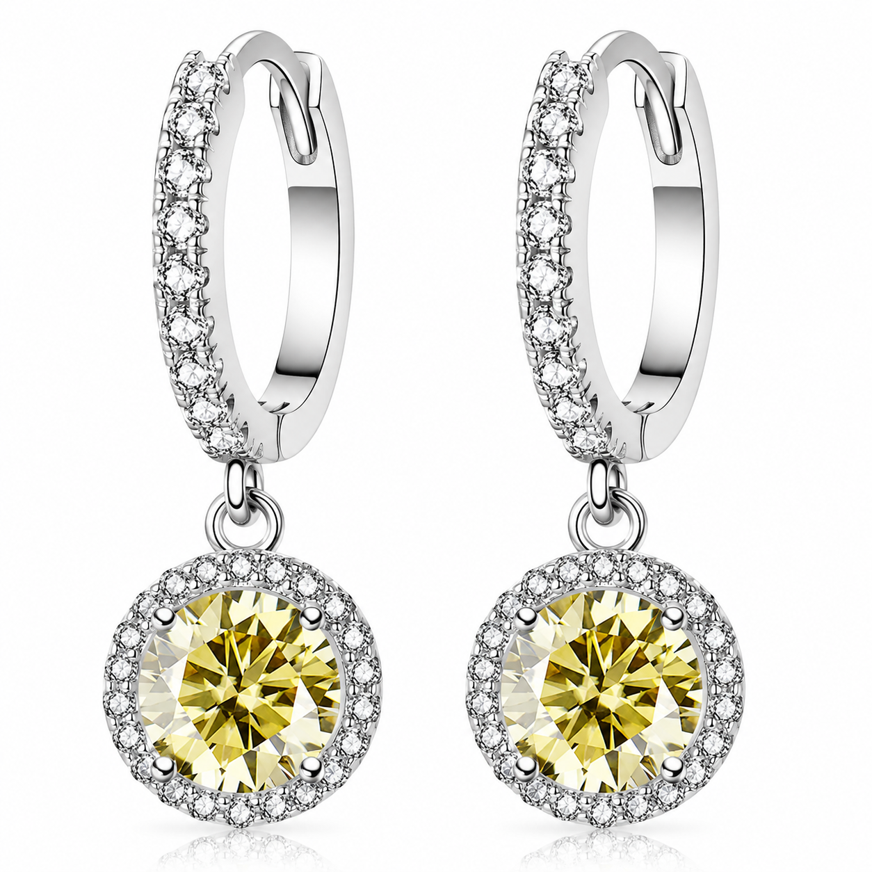 Halo Moissanite Hoop Drop Earrings – 1.0ct Round Brilliant Earrings