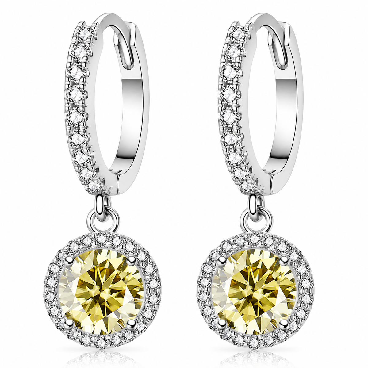 Silver halo hoop drop earrings with lemon yellow moissanites shown on a white background