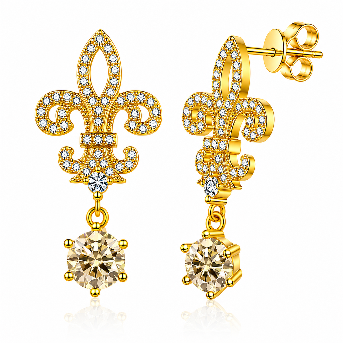 Gold fleur de lis drop earrings with pale yellow round moissanites shown front and side on a white background