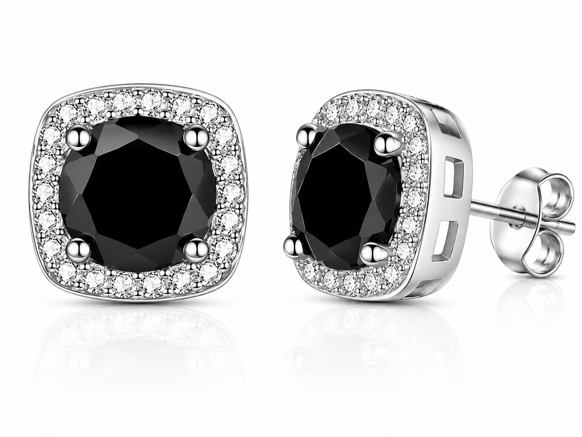 Silver cushion halo black moissanite stud earrings shown front and side on a white background