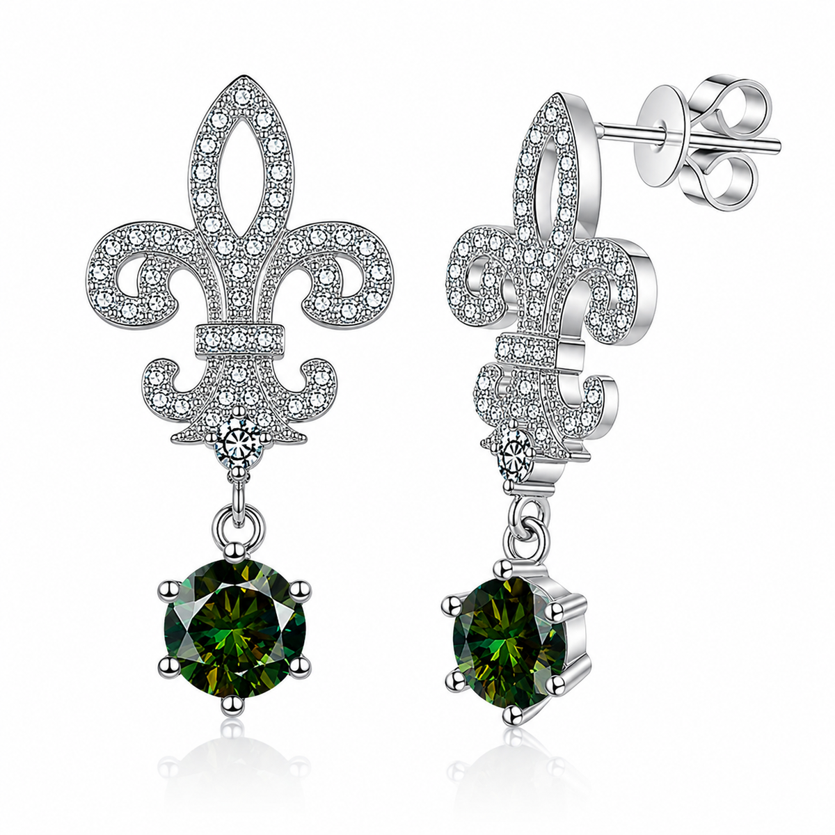 Silver fleur de lis drop earrings with dark green round moissanites shown front and side on a white background