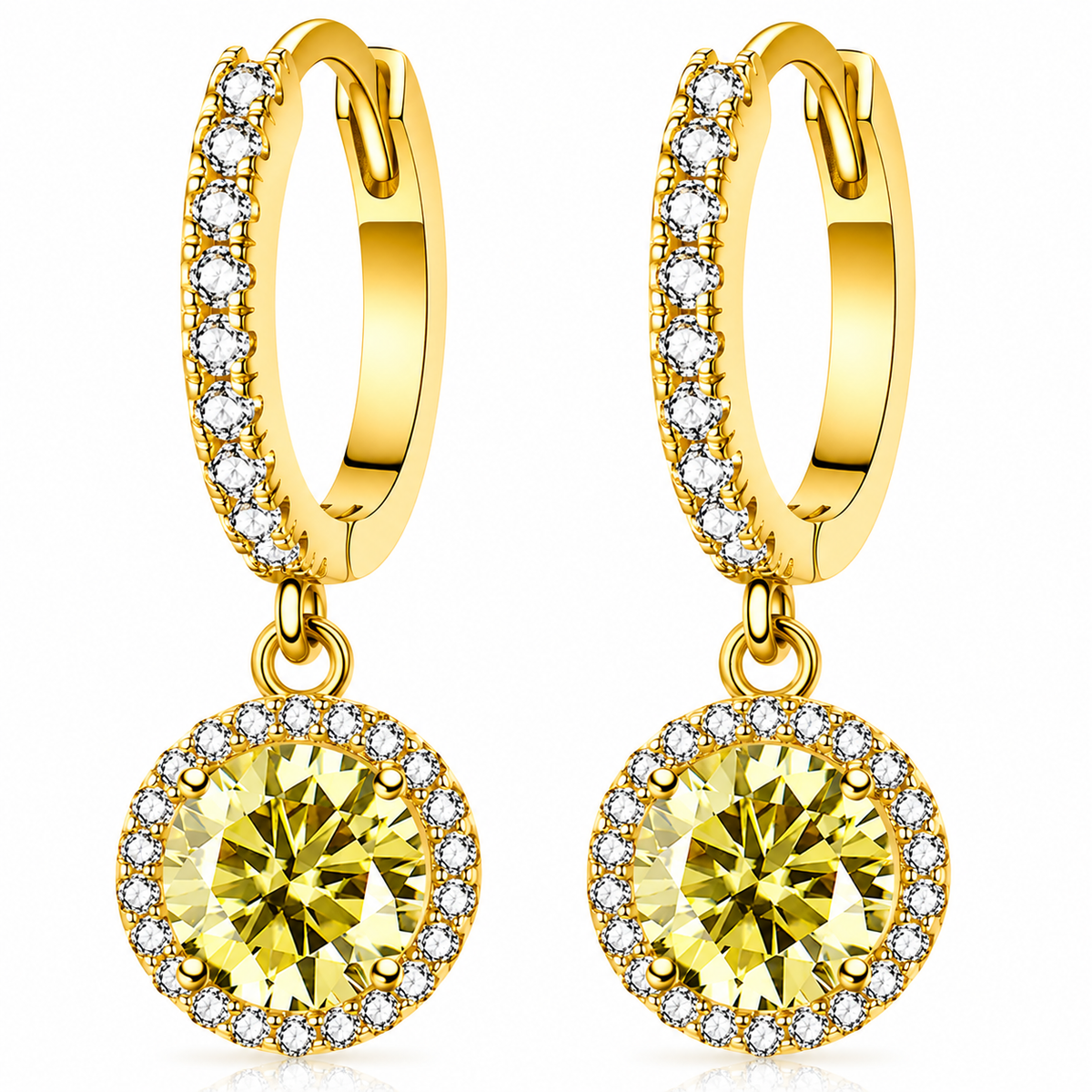 Gold halo hoop drop earrings with lemon yellow moissanites shown on a white background