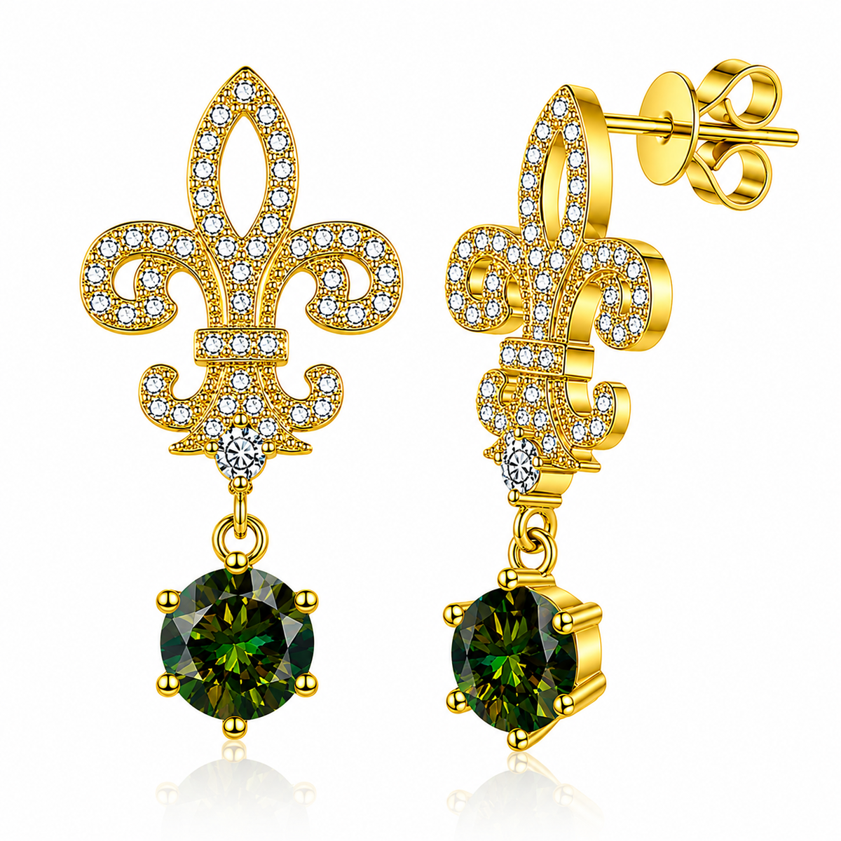 Gold fleur de lis drop earrings with dark green round moissanites shown front and side on a white background