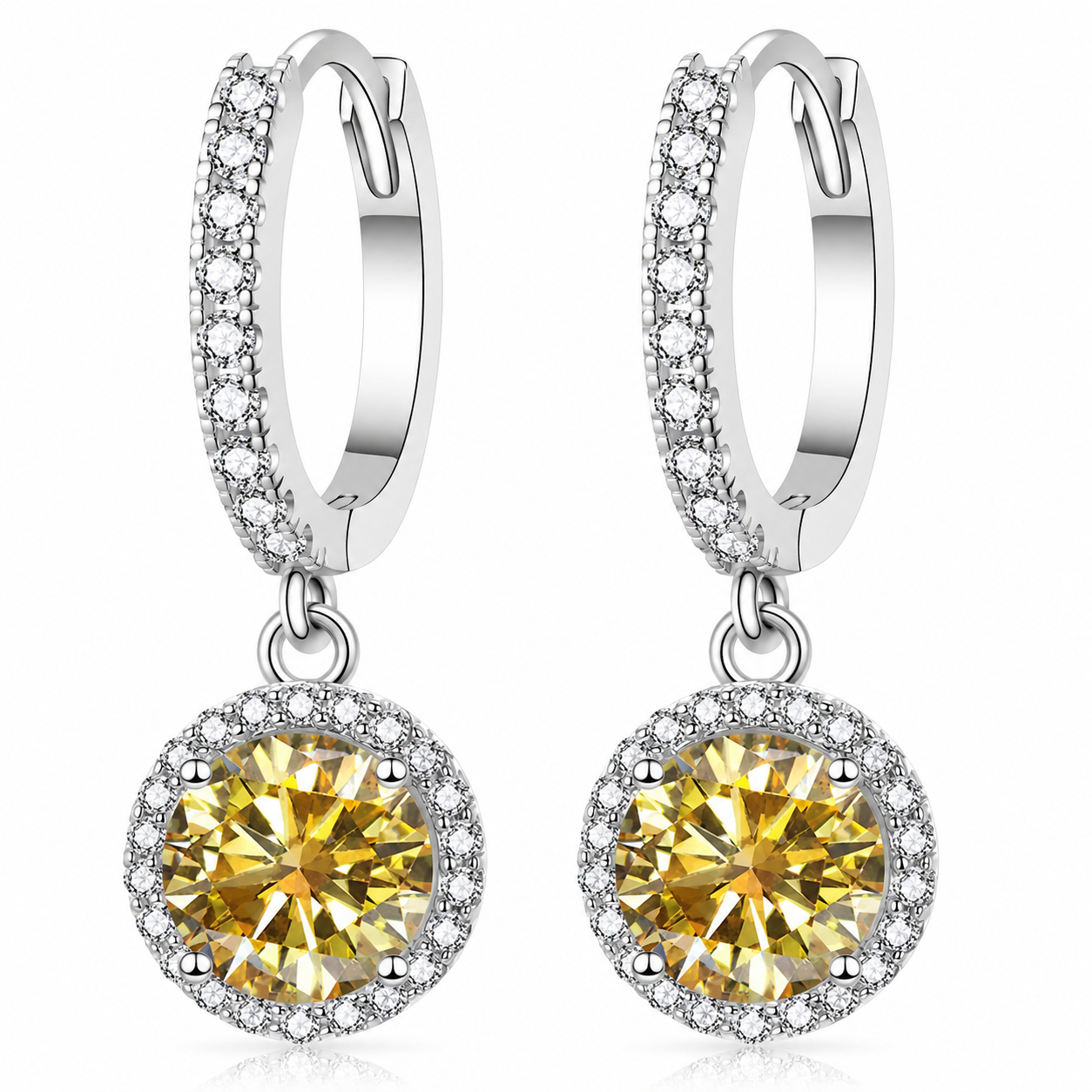 Halo Moissanite Hoop Drop Earrings – 1.0ct Round Brilliant Earrings