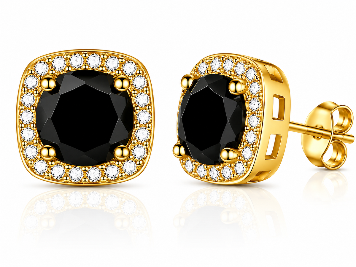 Gold cushion halo black moissanite stud earrings shown front and side on a white background
