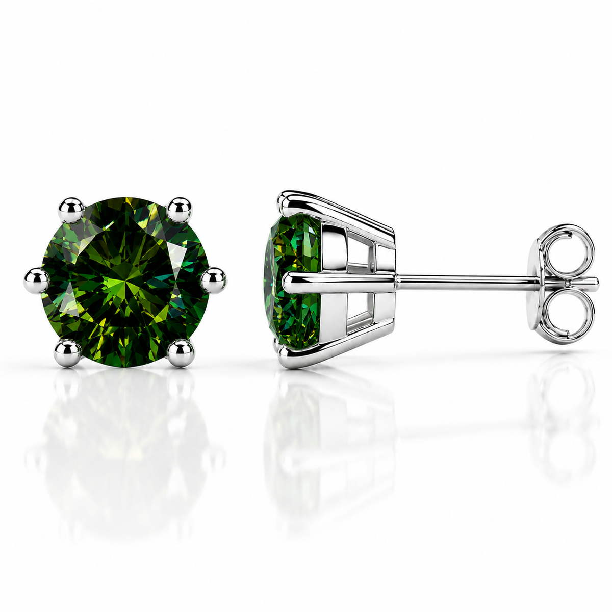 White gold six-prong grey moissanite stud earrings shown front and side on a white background