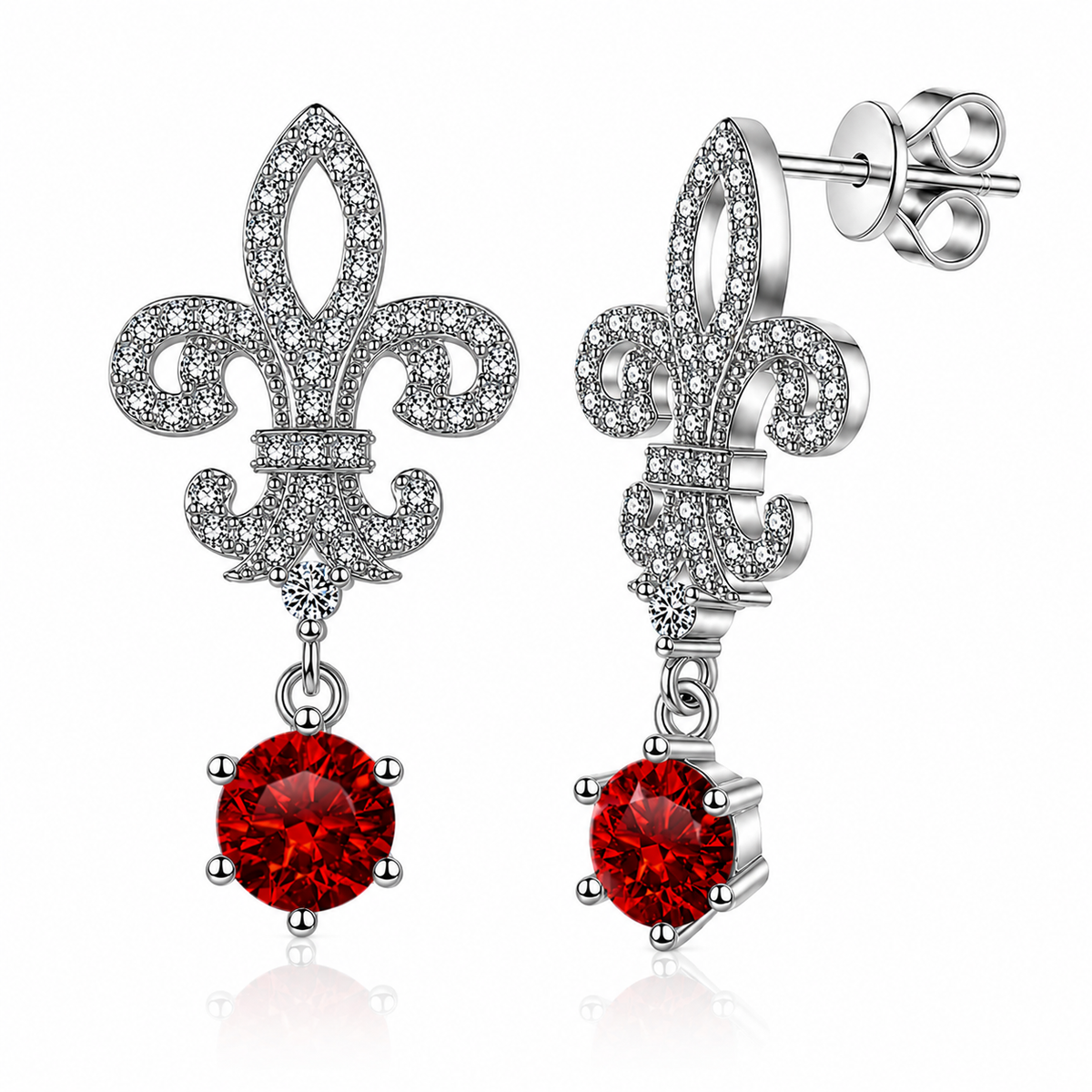 Silver fleur de lis drop earrings with red round moissanites shown front and side on a white background