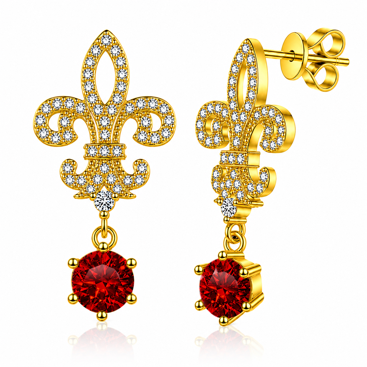 Gold fleur de lis drop earrings with red round moissanites shown front and side on a white background