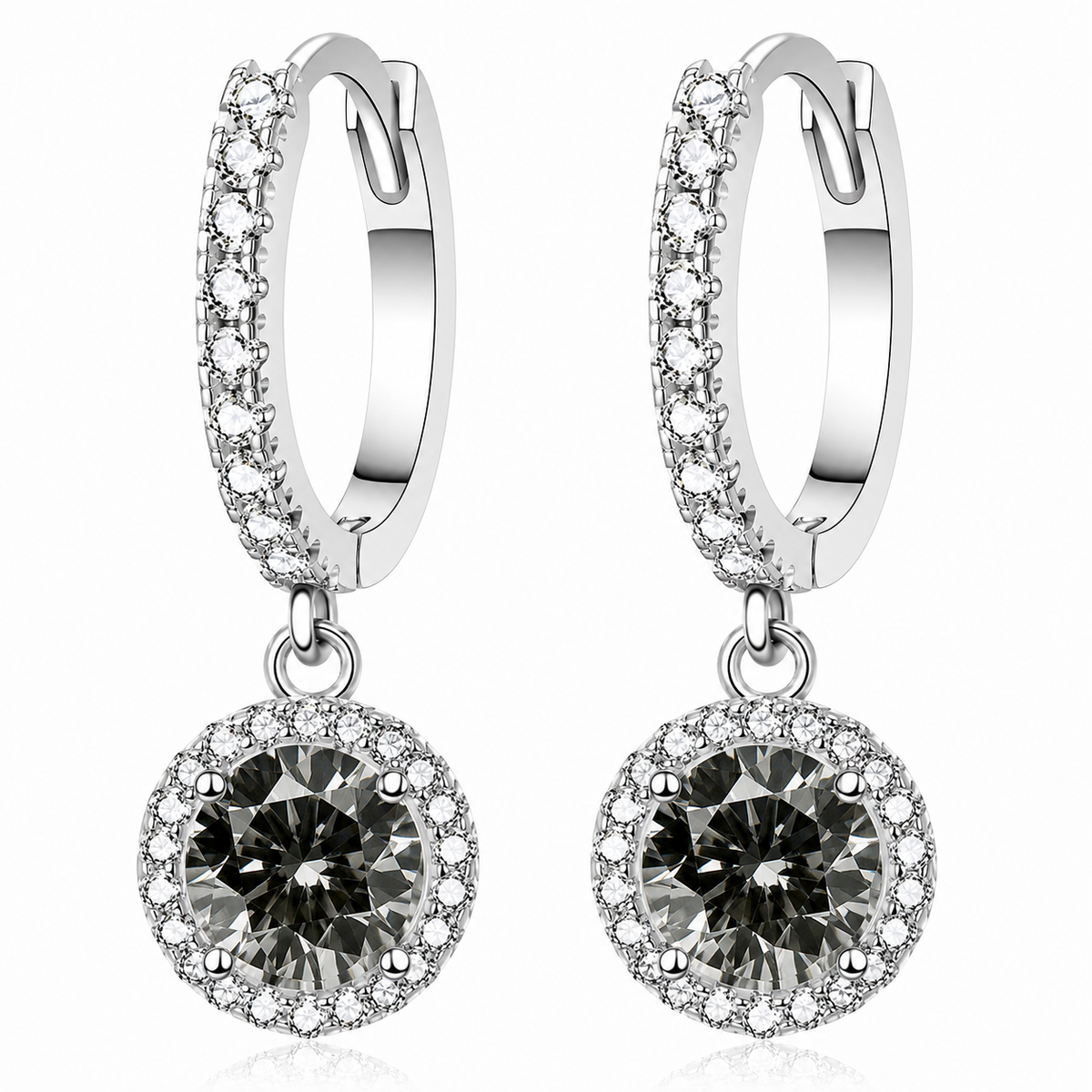 Silver halo hoop drop earrings with grey moissanites shown on a white background