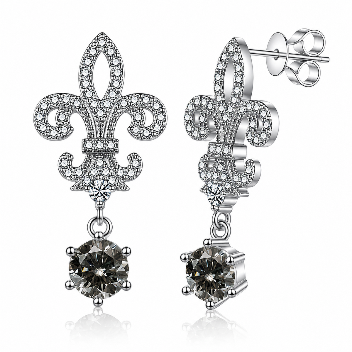 Silver fleur de lis drop earrings with grey round moissanites shown front and side on a white background