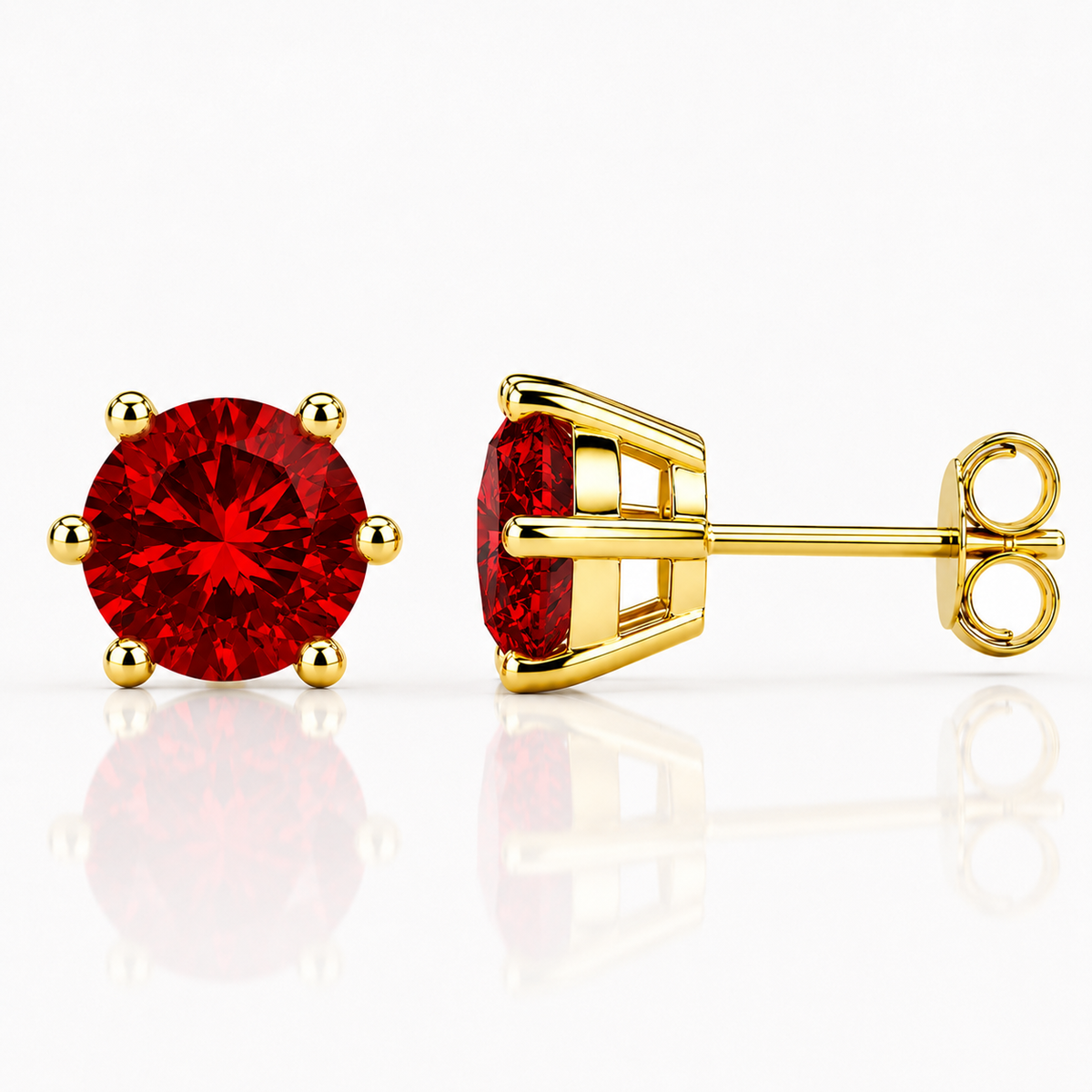 White gold six-prong soft pink moissanite stud earrings shown front and side on a white background