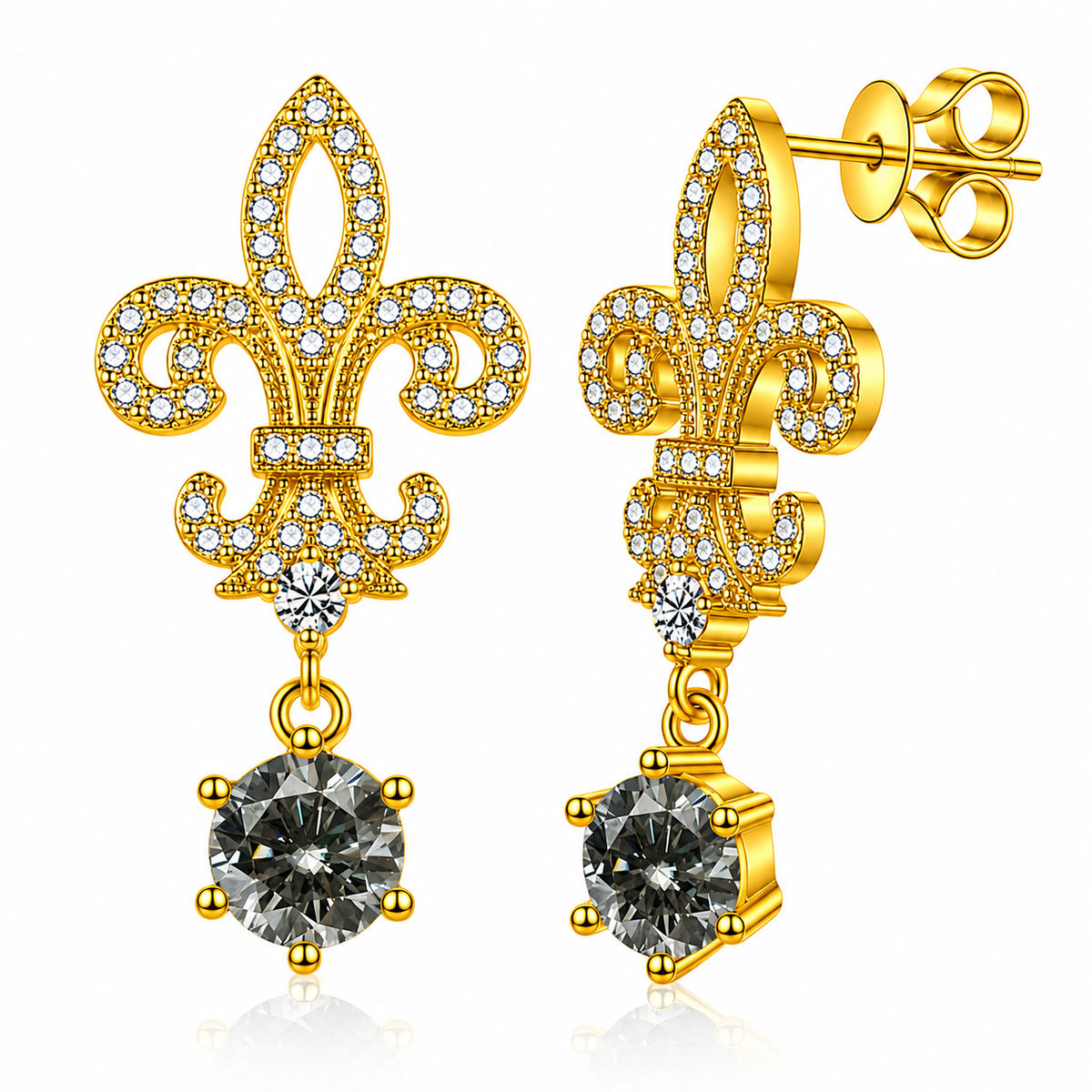 Gold fleur de lis drop earrings with grey round moissanites shown front and side on a white background