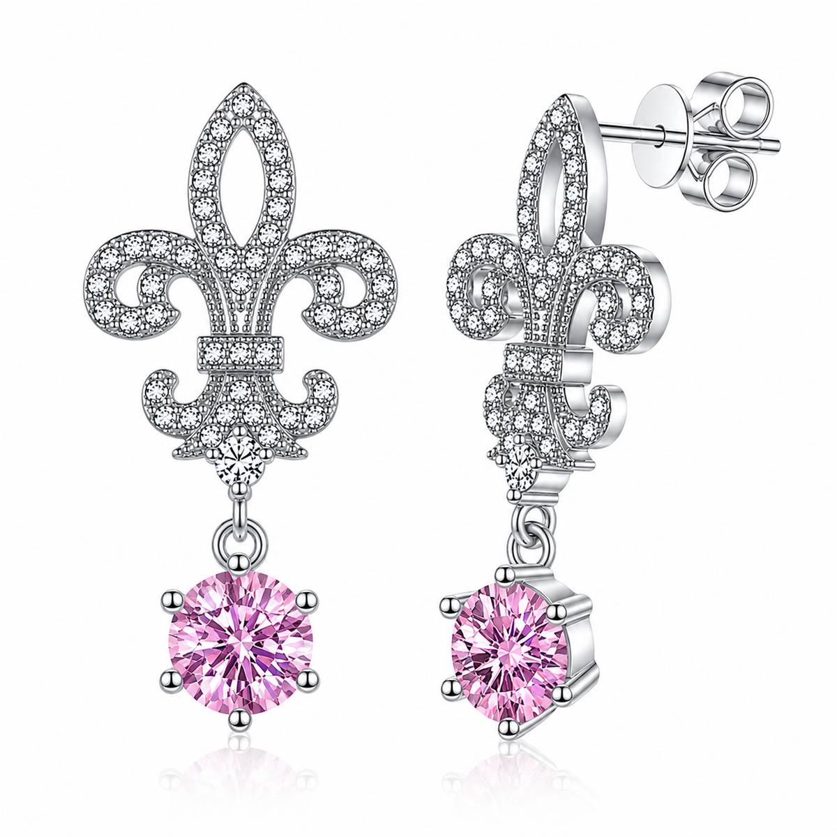 Silver fleur de lis drop earrings with pink round moissanites shown front and side on a white background